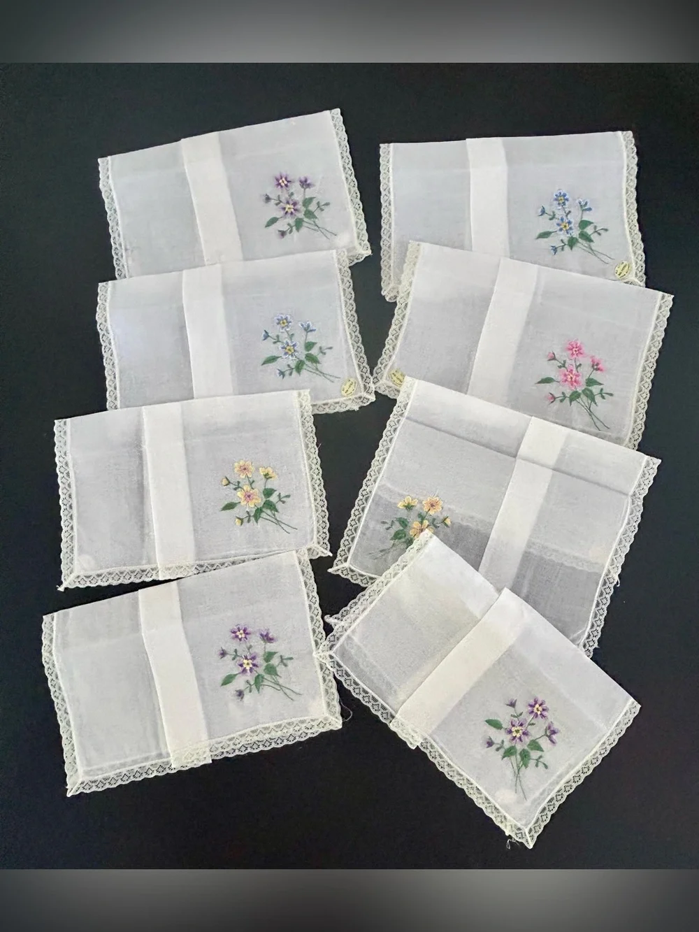 Vintage Embroidered Floral Handkerchiefs Lot of 8